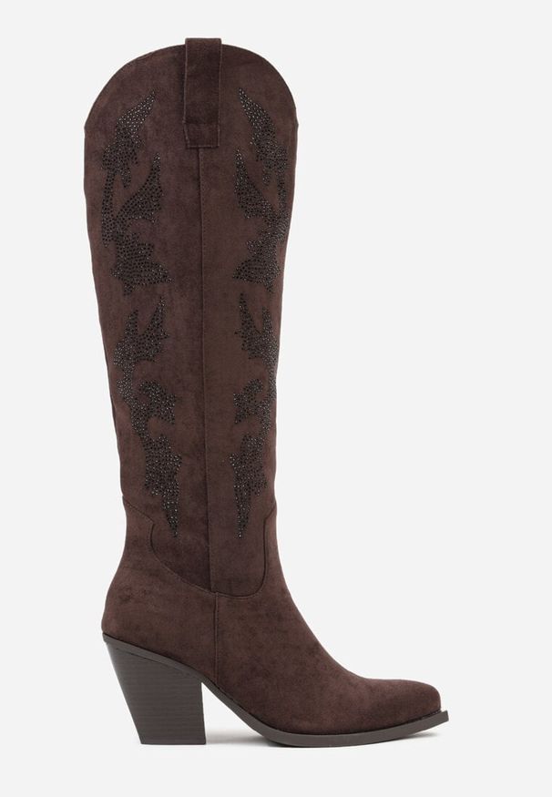 Renee - Brązowe Kozaki Kowbojki na Stożkowym Obcasie z Aplikacją z Cyrkoniami Zevrine. Okazja: na co dzień, na imprezę. Kolor: brązowy. Materiał: satyna, skóra, zamsz. Wzór: aplikacja. Obcas: na obcasie. Styl: boho, casual. Wysokość obcasa: średni