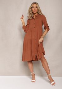 Renee - Brązowa Rozkloszowana Sukienka z Bawełny w Koszulowym Stylu Canidre. Kolor: brązowy. Materiał: bawełna. Typ sukienki: koszulowe