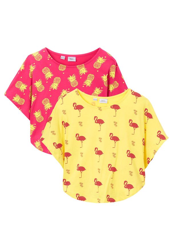 Shirt plażowy dziewczęcy (2 szt.) bonprix jasna limonka - różowy hibiskus. Okazja: na plażę. Kolor: żółty. Materiał: materiał, bawełna. Wzór: nadruk. Sezon: lato