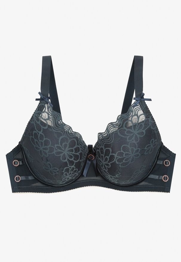 Born2be - Ciemnozielony Biustonosz z Usztywnionymi Miseczkami i Koronką Tinarria. Kolor: zielony. Materiał: koronka. Wzór: koronka