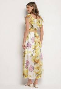 Born2be - Żółta Sukienka Typu Hiszpanka w Kwiaty z Paskiem Sademire. Okazja: na co dzień. Typ kołnierza: dekolt hiszpanka. Kolor: żółty. Wzór: kwiaty. Styl: casual #2