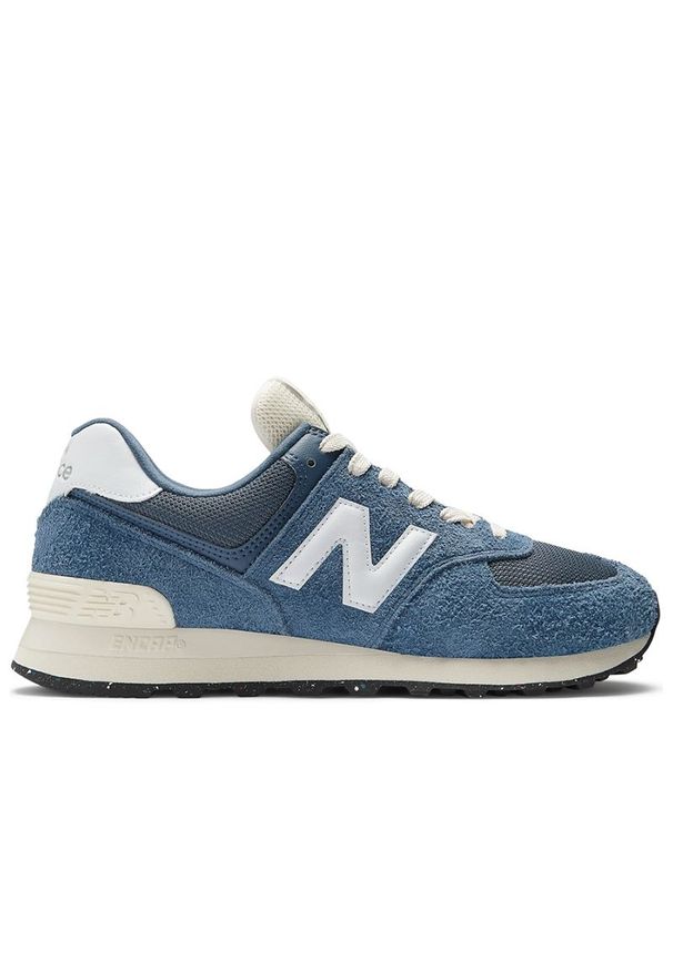 Buty New Balance U574RBJ - niebieskie. Okazja: na co dzień. Kolor: niebieski. Materiał: guma, skóra, dresówka, materiał, syntetyk. Szerokość cholewki: normalna. Model: New Balance 574