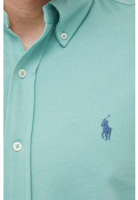 Polo Ralph Lauren koszula bawełniana męska kolor zielony regular z kołnierzykiem button-down. Typ kołnierza: button down, polo. Kolor: zielony. Materiał: bawełna. Długość rękawa: długi rękaw. Długość: długie. Wzór: gładki #4