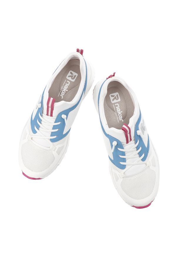 Sneakersy damskie Rieker, lekka konstrukcja oddychająca cholewka elastyczna podeszwa dobra amortyzacja sportowy charakter wygodne sznurowanie, białe,. Okazja: na co dzień, na spacer, do pracy. Zapięcie: sznurówki. Kolor: biały. Materiał: materiał. Szerokość cholewki: normalna. Sport: turystyka piesza