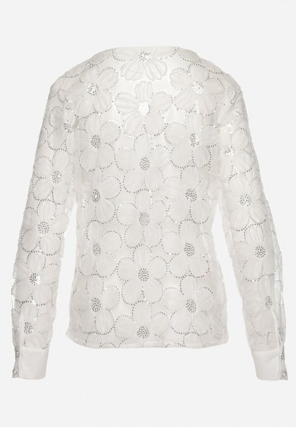 Born2be - Jasnobeżowa Przezroczysta Koszula z Perełkami i Cekinami z Motywem Kwiatów Raviona. Kolor: beżowy. Wzór: kwiaty