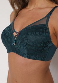 Born2be - Ciemnozielony Koronkowy Biustonosz Ozdobiony Cyrkoniowym Sercem Galirope. Kolor: zielony. Materiał: koronka. Wzór: aplikacja #5