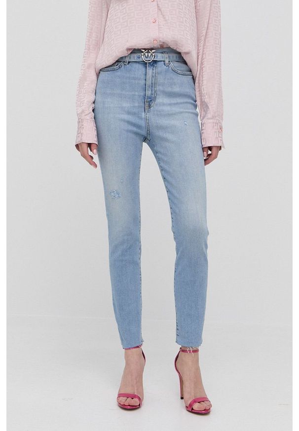 Pinko jeansy damskie high waist. Stan: podwyższony. Kolor: turkusowy