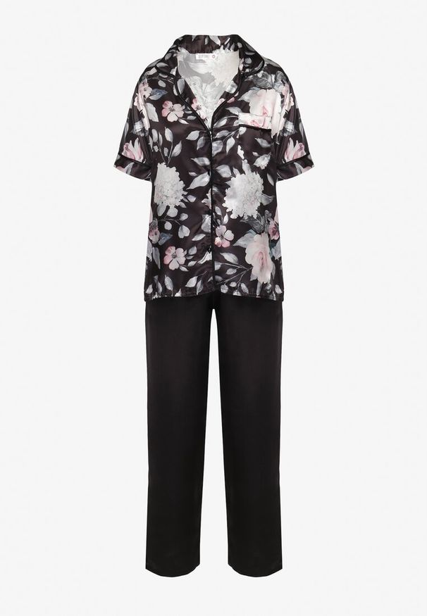 Born2be - Czarny Komplet Piżamowy Satynowy z Koszulą na Krótki Rękaw i Spodniami Eveterea. Kolor: czarny. Materiał: satyna. Długość: krótkie. Wzór: kwiaty