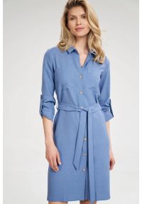 Sukienki.shop - Koszulowa sukienka szmizjerka z rękawem 3/4 niebieska. Okazja: na uczelnię, do pracy, na imprezę. Kolor: niebieski. Typ sukienki: szmizjerki, koszulowe #3