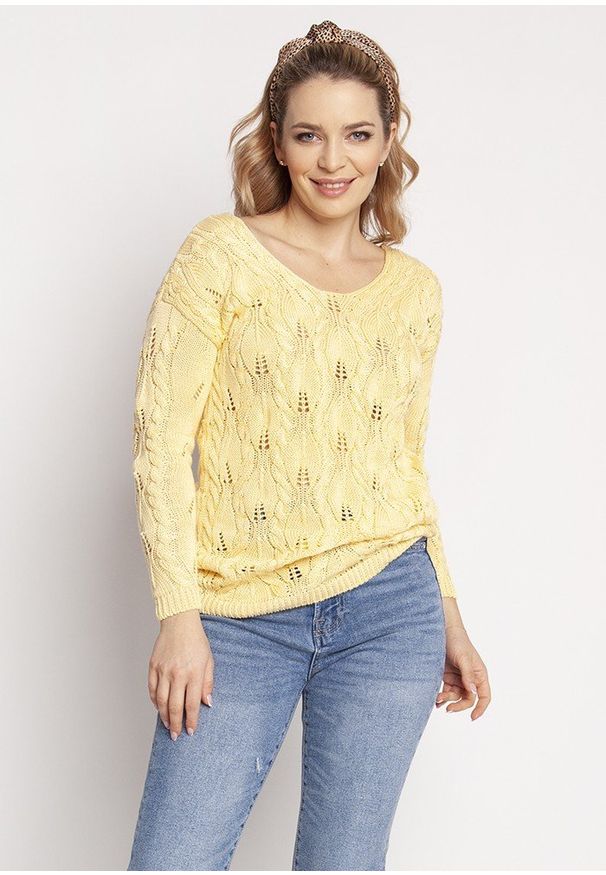 MKM - Kobiecy Ażurowy Sweter - Żółty. Kolor: żółty. Materiał: bawełna, akryl. Wzór: ażurowy
