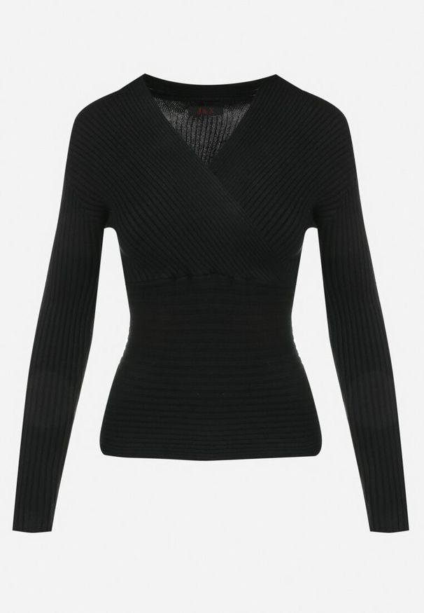 Born2be - Czarny Sweter Kopertowy z Prążkowanej Dzianiny Zaki. Okazja: na co dzień. Kolor: czarny. Materiał: dzianina, prążkowany. Długość rękawa: długi rękaw. Długość: długie. Styl: elegancki, casual, rockowy