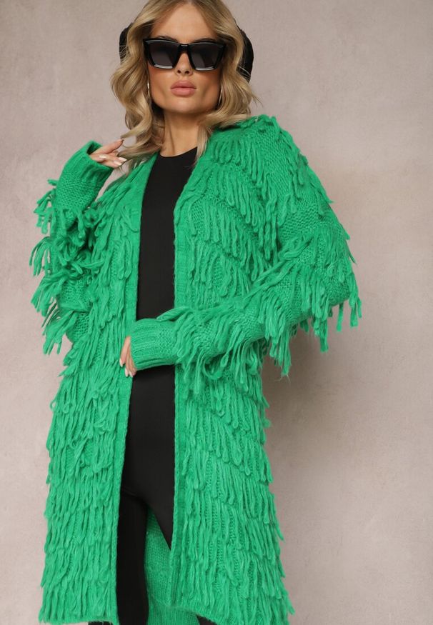 Renee - Zielony Niezapinany Kardigan w Ozdobne Frędzle Massawa. Kolor: zielony. Styl: elegancki