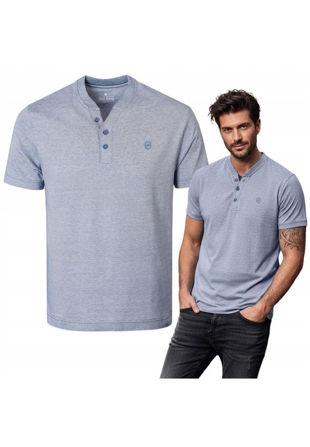 Koszulka Męska (T-Shirt) na Stójce z Guzikami - Pako Jeans - Niebieska. Okazja: na co dzień. Typ kołnierza: kołnierzyk stójkowy. Kolor: niebieski. Materiał: bawełna. Styl: casual