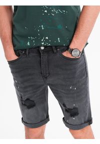 Ombre Clothing - Męskie krótkie spodenki jeansowe z przetarciami i podwiniętą nogawką – szare V3 OM-SRDS-0186 - XXL. Okazja: na co dzień. Kolor: szary. Materiał: jeans. Długość: krótkie. Wzór: aplikacja. Sezon: lato. Styl: casual #3