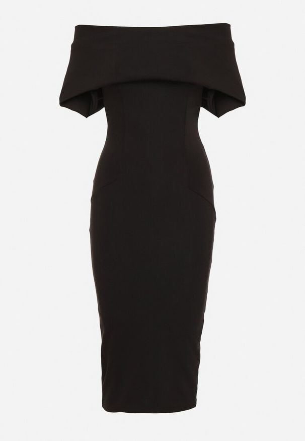 Born2be - Czarna Klasyczna Dopasowana Sukienka z Wywiniętym Dekoltem Luvlia. Okazja: na randkę, na spacer. Kolor: czarny. Materiał: tkanina. Wzór: gładki. Typ sukienki: proste. Styl: klasyczny