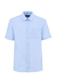 Ochnik - Błękitna koszula z krótkim rękawem męska. Kolor: niebieski. Materiał: len. Długość rękawa: krótki rękaw. Długość: krótkie. Wzór: aplikacja #2
