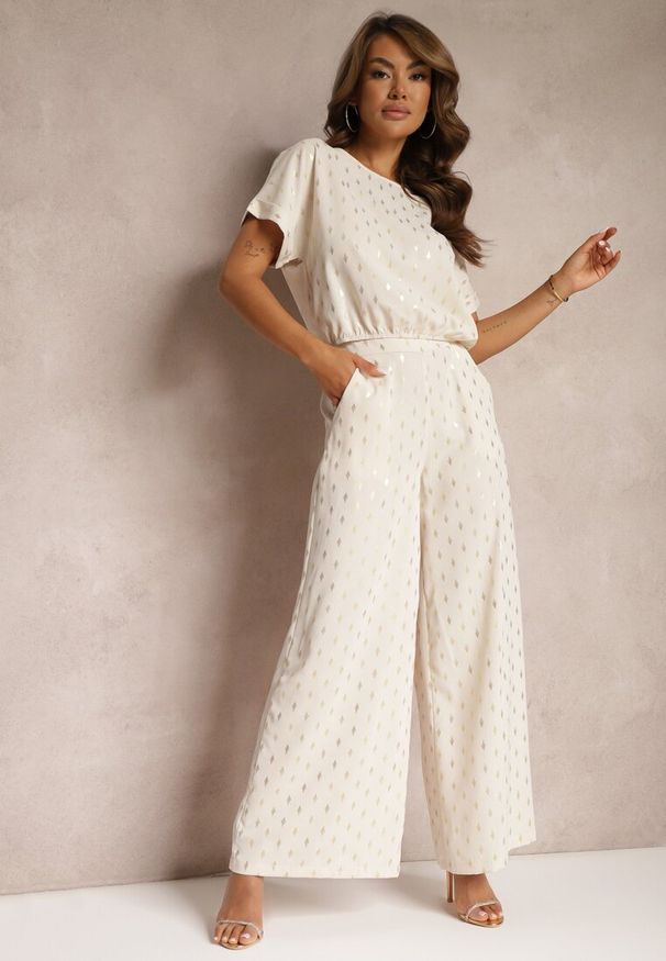 Renee - Beżowo-Złoty Casualowy Komplet Długie Spodnie i Bluzka Zakończona Gumką w Pasie Acrinna. Kolor: beżowy