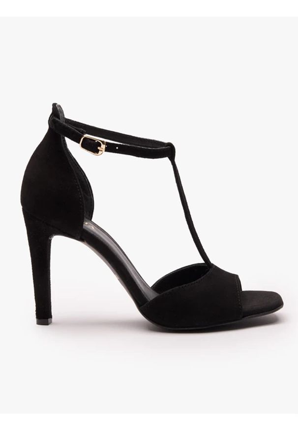 Ryłko - Czarne sandały na wysokim obcasie. Okazja: na imprezę. Nosek buta: okrągły. Zapięcie: sprzączka. Kolor: czarny. Materiał: skóra, welur. Obcas: na obcasie. Styl: street, elegancki. Wysokość obcasa: wysoki