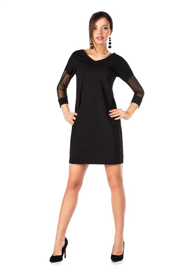 Merribel - Czarna Dopasowana Sukienka z Transparentnym Rękawem 3/4. Kolor: czarny. Materiał: bawełna, poliester