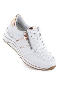 Skórzane sneakersy damskie na koturnie białe Remonte Rieker D0T04-80. Kolor: biały. Materiał: skóra. Obcas: na koturnie #1