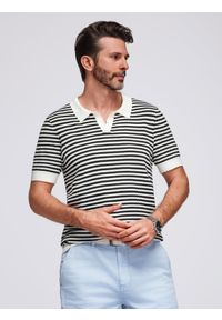 Ombre Clothing - Męska dzianinowa koszulka polo bez guzików w marynarskie paski – czarno-biała V1 - Rozmiar: XL. Typ kołnierza: polo. Kolor: czarny. Materiał: dzianina. Długość: krótkie. Wzór: paski. Sezon: lato. Styl: elegancki, retro #1