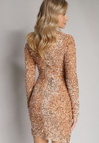 Born2be - Złota Dopasowana Sukienka Mini z Półgolfem Zdobiona Cekinami Jurottja. Kolor: złoty. Długość rękawa: długi rękaw. Wzór: aplikacja. Typ sukienki: proste. Długość: mini #3