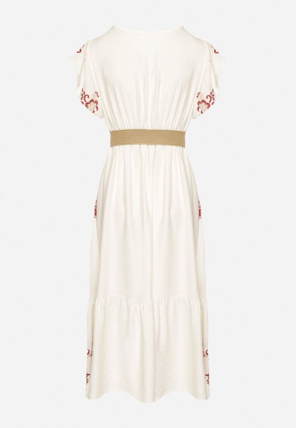 Born2be - Biało-Czerwona Wiskozowa Sukienka z Kopertowym Dekoltem i Paskiem Nilazea. Okazja: na co dzień. Kolor: biały. Materiał: wiskoza. Typ sukienki: kopertowe. Styl: casual, boho, elegancki