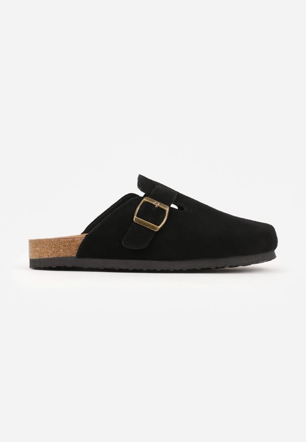 Renee - Czarne Klapki Typu Chodaki z Zamszu Naturalnego z Klamrą Meridnore. Kolor: czarny. Materiał: zamsz. Sezon: lato. Styl: elegancki