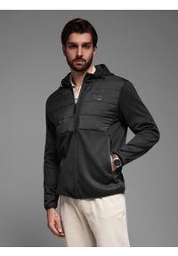 Ombre Clothing - Kurtka lekka męska z łączonych materiałów z kapturem i ozdobnym pikowaniem – czarna V5. Okazja: na co dzień. Typ kołnierza: kaptur. Kolor: czarny. Materiał: materiał. Wzór: aplikacja. Styl: casual #2