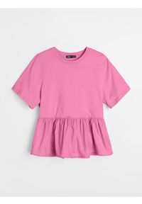 Sinsay - Gładka bawełniana bluzka z baskinką - różowy. Kolor: różowy. Materiał: bawełna. Wzór: gładki #1