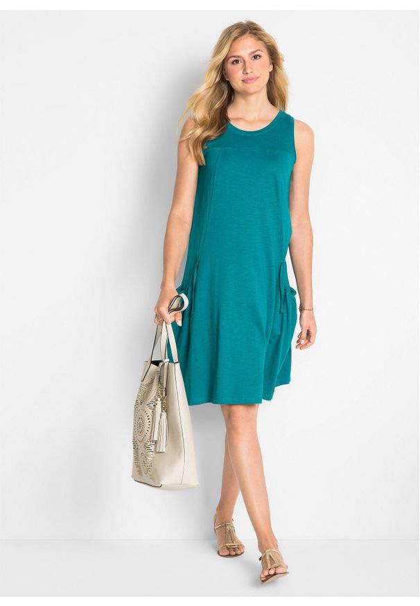 bonprix - Sukienka z bawełnianego dżerseju z kieszeniami. Kolor: niebieski. Materiał: jersey, bawełna. Długość rękawa: bez rękawów