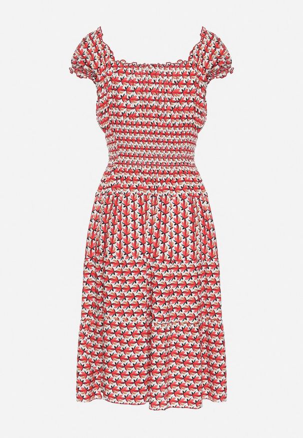 Born2be - Czerwona Sukienka z Bawełny Ozdobiona Guzikami i Bufiastymi Rękawami Ronaria. Okazja: na co dzień. Kolor: czerwony. Materiał: bawełna. Wzór: aplikacja. Sezon: wiosna, lato. Typ sukienki: sportowe. Styl: casual, sportowy, klasyczny