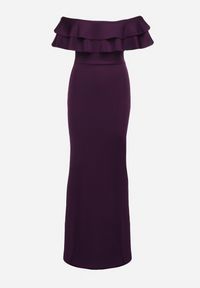 Born2be - Fioletowa Elegancka Sukienka Typu Hiszpanka z Rozkloszowanym Dołem i Wycięciami Tumini. Okazja: na imprezę. Typ kołnierza: dekolt hiszpanka. Kolor: fioletowy. Materiał: dzianina, skóra. Długość rękawa: krótki rękaw. Sezon: lato. Typ sukienki: rozkloszowane, dopasowane. Styl: elegancki #3