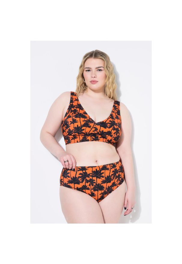 ULLA POPKEN - Damskie Figi od bikini wysoki stan nadruk z palmami. Stan: podwyższony. Kolekcja: plus size. Kolor: pomarańczowy. Materiał: poliester, elastan, poliamid, materiał. Wzór: nadruk