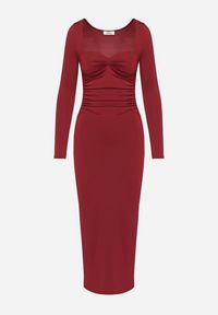 Born2be - Bordowa Dopasowana Sukienka z Ozdobnym Marszczeniem i Rozcięciem Selandris. Kolor: czerwony. Długość rękawa: długi rękaw. Wzór: kolorowy. Typ sukienki: dopasowane. Styl: elegancki #2
