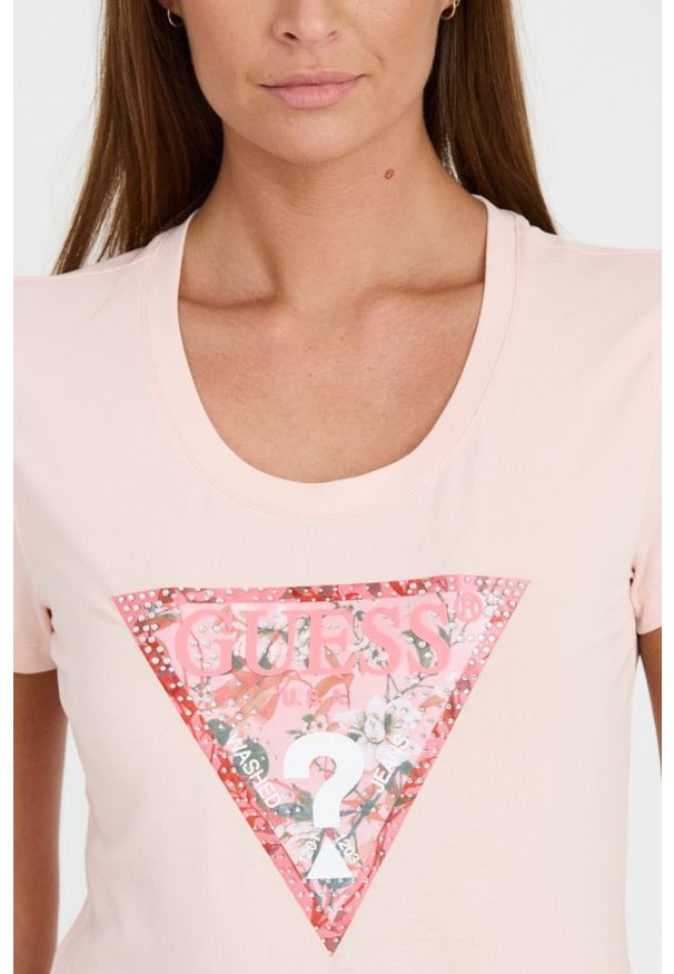 Guess - GUESS Różowy damski t-shirt Satin Triangle Tee, Rozmiar S. Kolor: różowy