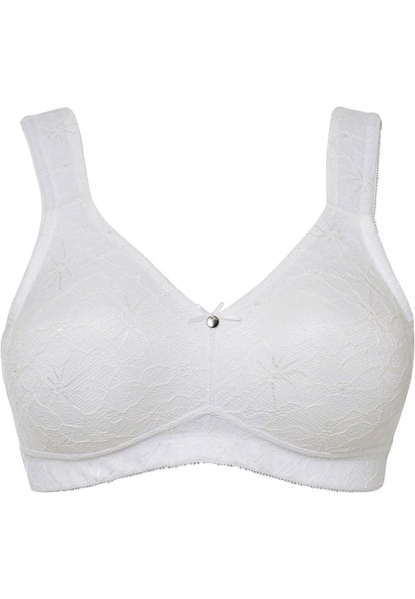 bonprix - Biustonosz odciążający bez fiszbinów z wyściełanymi ramiączkami. Kolor: biały. Materiał: koronka. Wzór: koronka