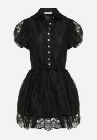 Born2be - Czarna Koronkowa Sukienka Mini w Kwiaty z Bufiastymi Rękawami Cervi. Kolor: czarny. Materiał: koronka. Wzór: kwiaty. Długość: mini #2