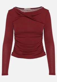 Born2be - Bordowa Marszczona Bluzka z Długim Rękawem i Detalem przy Dekolcie Estellana. Okazja: na co dzień. Kolor: czerwony. Materiał: jeans, skóra. Długość rękawa: długi rękaw. Długość: długie. Styl: klasyczny, casual #3