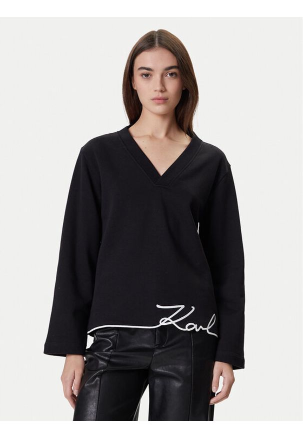 Karl Lagerfeld - KARL LAGERFELD Bluza A4W20040 Czarny Regular Fit. Typ kołnierza: dekolt w karo. Kolor: czarny. Materiał: bawełna