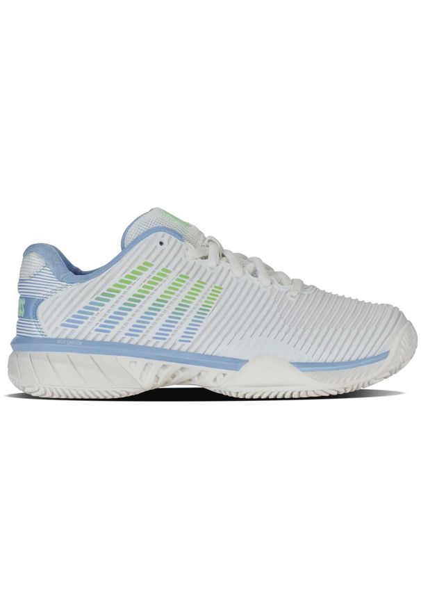 Buty do tenisa damskie K-Swiss Hypercourt Express 2. Kolor: biały, niebieski, zielony, wielokolorowy. Materiał: materiał, syntetyk. Szerokość cholewki: normalna. Sport: tenis