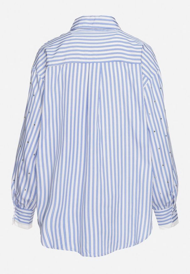 Born2be - Niebieska Klasyczna Koszula w Paski na Guziki z Cyrkoniami Delfea. Okazja: na co dzień. Kolor: niebieski. Materiał: jeans. Długość rękawa: długi rękaw. Długość: długie. Wzór: paski. Styl: klasyczny