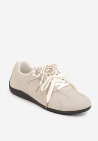 Born2be - Beżowe Sneakersy Ozdobione Przeszyciami i Podwójnym Sznurowaniem Coraera. Okazja: na co dzień. Zapięcie: sznurówki. Kolor: beżowy. Materiał: materiał, jeans. Wzór: aplikacja #8