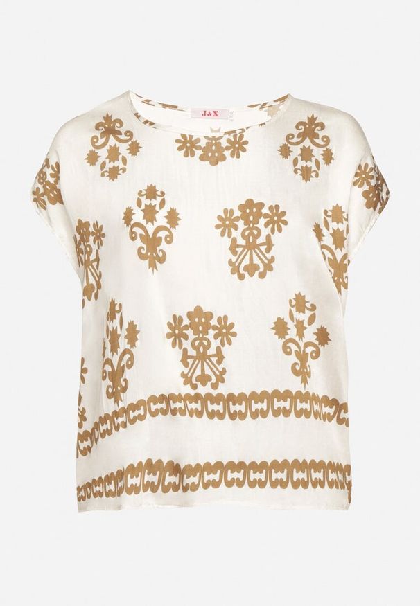 Born2be - Jasnobeżowa Bluzka z Wiskozy we Wzór w Stylu Boho Lunaseia. Okazja: na co dzień. Kolor: beżowy. Materiał: wiskoza. Styl: boho