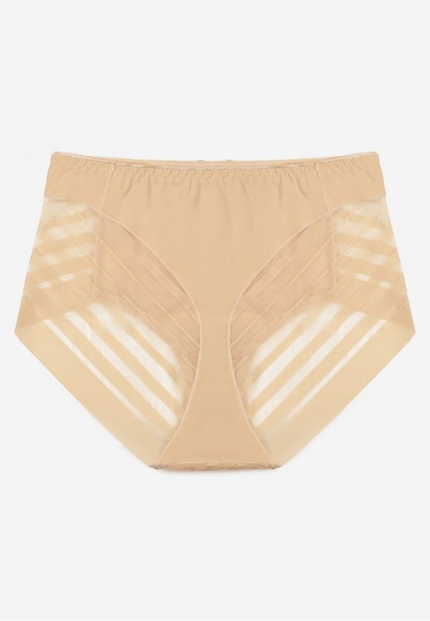 Renee - Beżowe Siateczkowe Majtki Figi High Waist z Koronkowymi Zdobieniami Heylih. Stan: podwyższony. Kolekcja: plus size. Kolor: beżowy. Materiał: koronka. Wzór: aplikacja