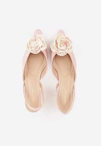 Renee - Różowe Sandały Slingback na Kaczuszce z Tweedowymi Wstawkami i Kwiatem 3D Zehe. Okazja: na co dzień, na imprezę. Zapięcie: bez zapięcia. Kolor: różowy. Materiał: jeans, koronka. Wzór: kwiaty. Obcas: na szpilce. Styl: elegancki, casual #3