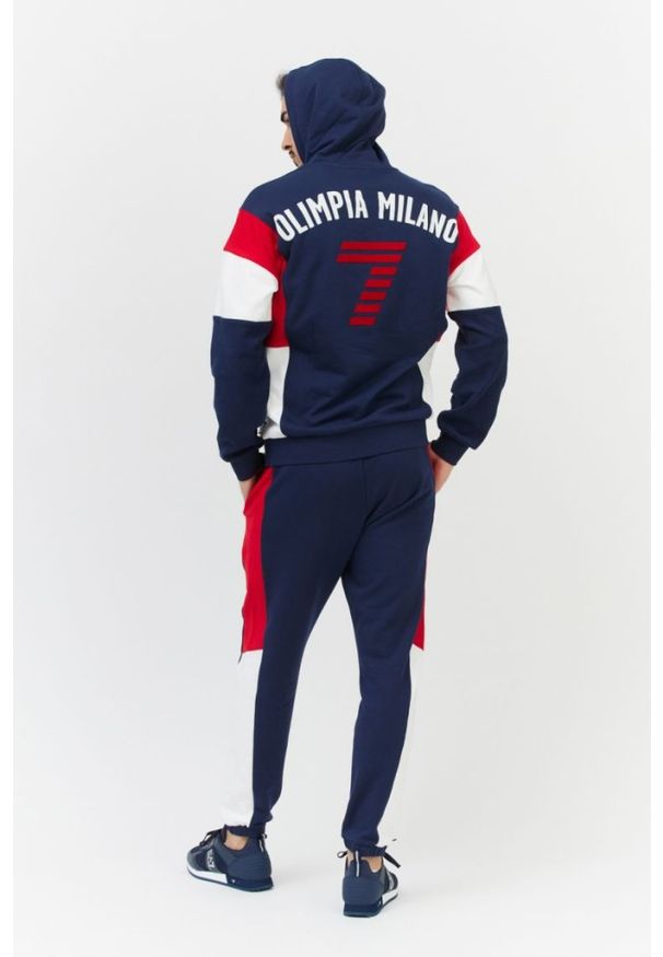 EA7 Emporio Armani - EA7 Granatowe spodnie męskie Olimpia milano. Kolor: niebieski. Materiał: bawełna. Wzór: aplikacja, nadruk