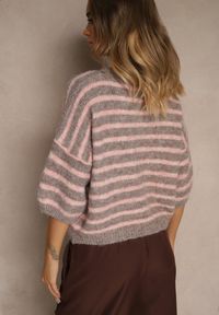 Renee - Brązowy Sweter z Wełną Ozdobiony Paskami i Bufiastymi Rękawami Rilesse. Okazja: na co dzień. Kolor: brązowy. Materiał: wełna. Wzór: aplikacja. Sezon: jesień. Styl: casual, elegancki #4