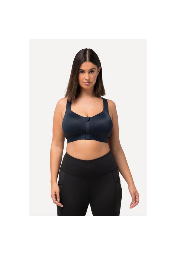 ULLA POPKEN - Damski Biustonosz sportowy bez fiszbin zamek błyskawiczny skrzyżowane ramiączka. Kolekcja: plus size. Kolor: niebieski. Materiał: elastan, poliamid, materiał