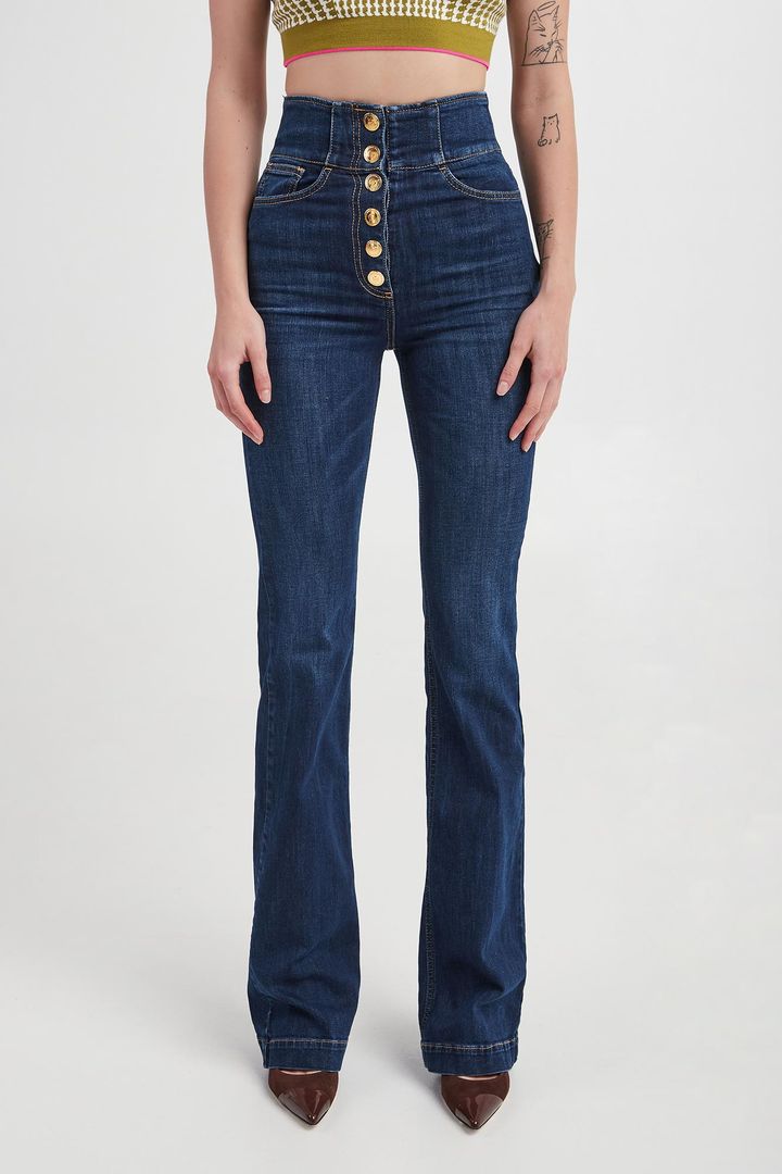 エリザベッタ フランキ ジーンズ コットン ハイウエスト ロゴ Jeansy Elisabetta Franchi 2754853361884 - Jeansy damskie